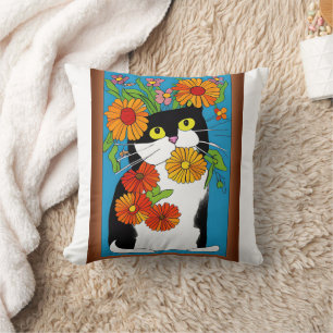 Coussin Chat noir et blanc avec des fleurs jaunes