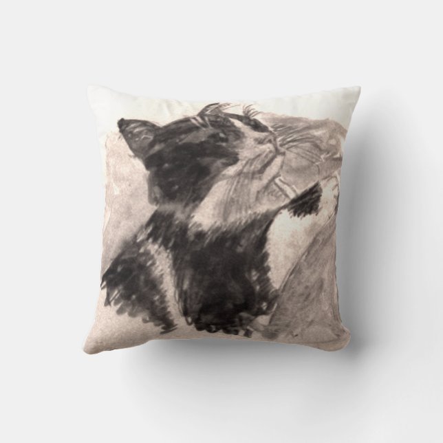 Coussin Chat noir et blanc Kikko SF dessin au crayon (Verso)