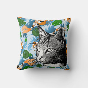 Coussin Chat noir et blanc & Poisson japonais Koi