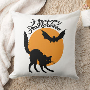 Coussin Chat noir et chauve-souris d'Halloween avec lune,