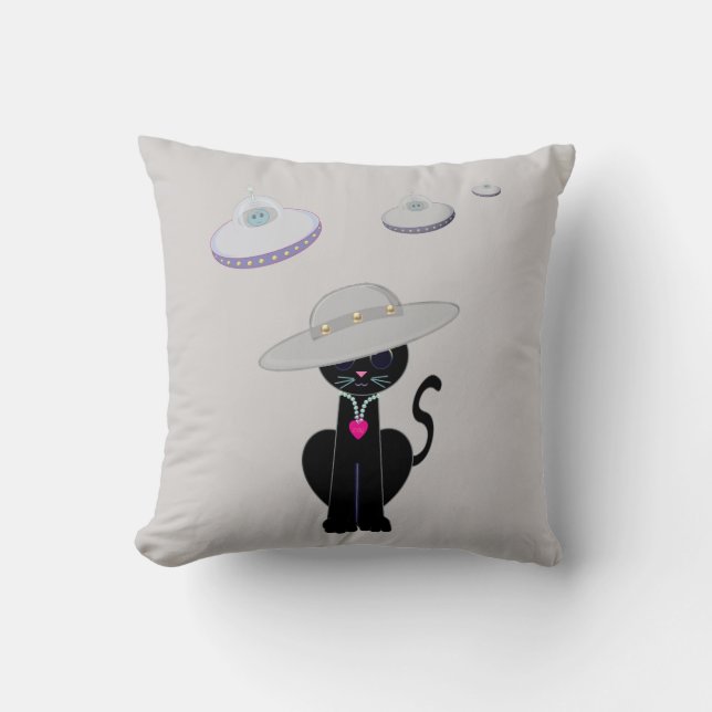 Coussin Chat noir et soucoupes volantes (Recto)