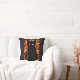 Coussin Chat noir, Feuilles d'automne motif, Halloween amu