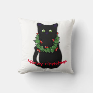 Coussin chat noir Meowy Christmas Holly garland