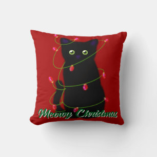 Coussin Chat noir Meowy Noël rouge scintillant lumières