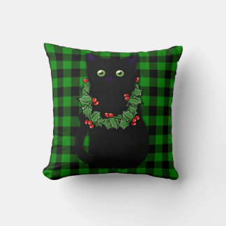 Coussin Chat noir mignon chaton noir vert noir plaid