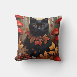 Coussin Chat noir mignon en forêt d'automne