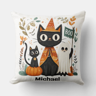 Coussin Chat noir mignon personnalisé et Halloween fantôme