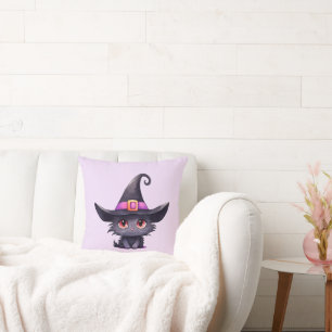 Coussin Chat noir mignon portant un Casquette de sorcière
