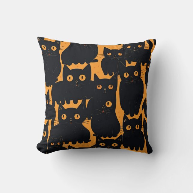 Coussin Chat noir Motif Jaune Décor Halloween (Recto)
