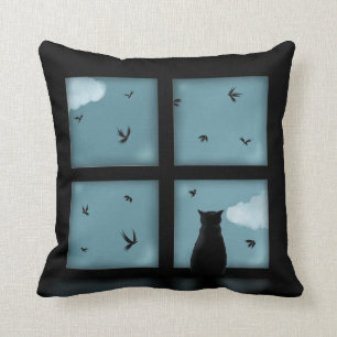 Coussin Chat noir regardant la fenêtre le ciel