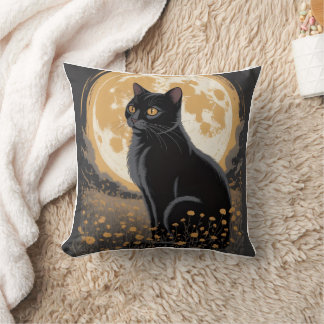 Coussin Chat noir sauvage de lune vintage fleur nocturne 