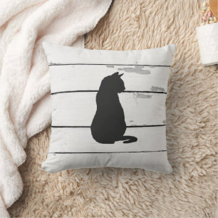 Coussin Chat noir Silhouette Shiplap Rustique