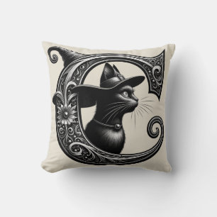 Coussin Chat Noir Sorcière Lettre Personnalisée Initiale C
