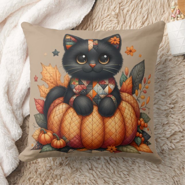 Coussin Chat noir sur Citrouille avec Motif de courtepoint (Couverture)