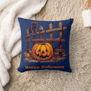 Coussin Chat noir sur clôture Jack-O' Lantern Joyeux Hallo