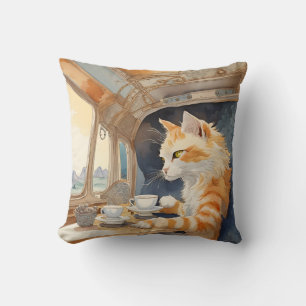 Coussin Chat orange buvant du thé 