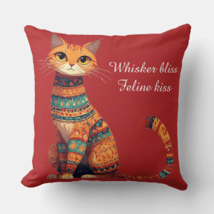 Coussin Chat Ornemental Décoratif avec Fleurs Art Boho