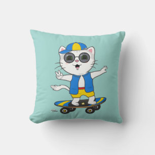 Coussin Chat patineur drôle habillé en T-Shirt bleu et jau