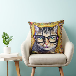 Coussin Chat portant des lunettes tenant un livre d'art