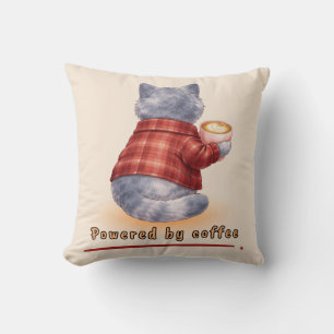 Coussin Chat "Propulsé par le Café" tenant une tasse de ca