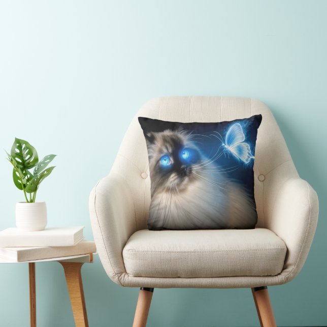 Coussin Chat Ragdoll Avec Papillon Néon Bleu (Chaise)