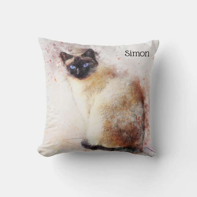 Coussin Chat siamois d'aquarelle à la mode personnalisé (Recto)
