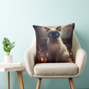 Coussin Chat siamois Halloween avec citrouilles effrayant