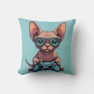 Coussin Chat Sphynx tenant une manette de jeu