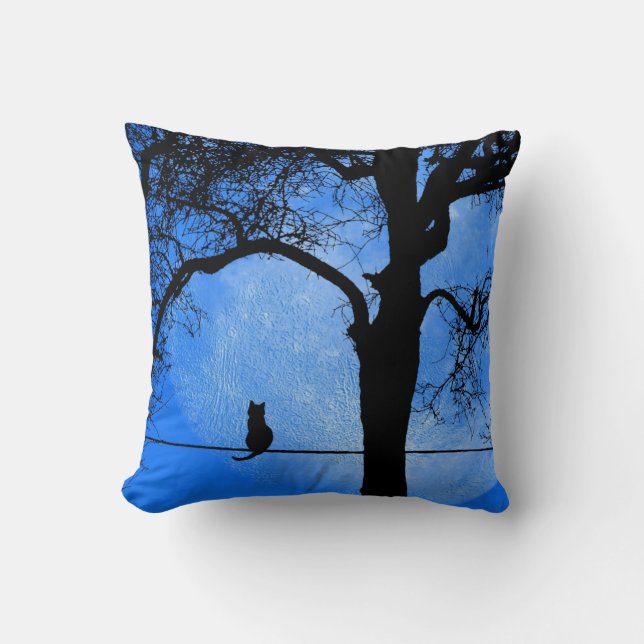 Coussin Chat sur un fil de lune bleue (Recto)