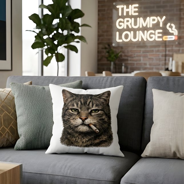 Coussin Chat Tabby Branché "Chat Cool avec Cigarette" Jeté (Créateur téléchargé)