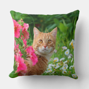 Coussin Chat Tabby Orange Parmi Les Fleurs Jeter L'Oreille