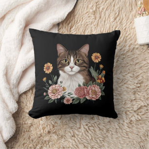 Coussin Chat Tabby Sucré avec Fleurs