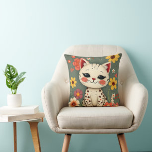 Coussin Chat tacheté heureux avec des fleurs
