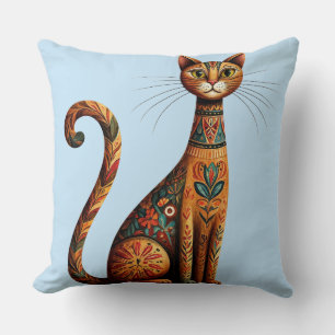 Coussin Chat tribal boho mignon art folklorique avec des f