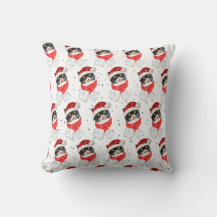 Coussin Chat tricolore Noël Aquarelle avec écharpe