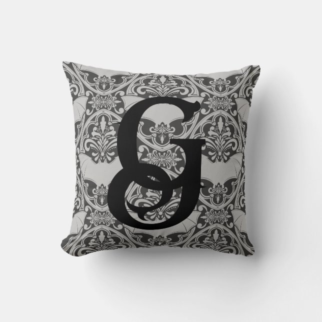 Coussin Chat-Vampire Initiale Personnalisée Damas En Gris (Recto)