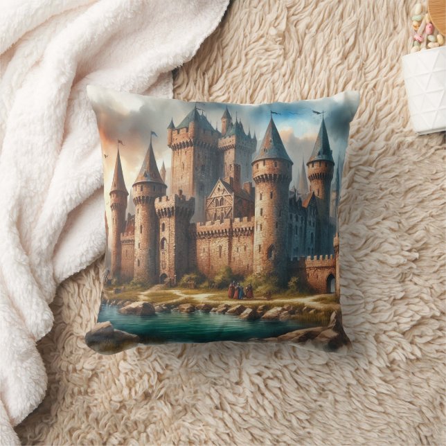Coussin Château médiéval au bord d'une rivière tranquille  (Couverture)
