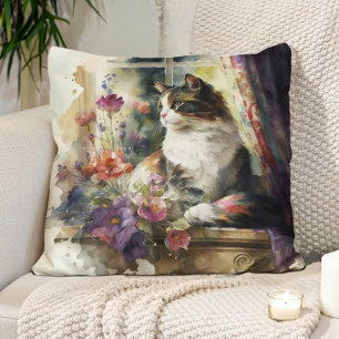 Coussin Chaton Chat Fleurs Violettes Fenêtre Lumière du So