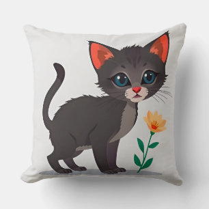 Coussin Chaton de dessin animé debout près d'une fleur jau