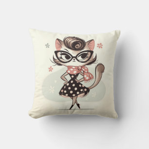 Coussin Chaton Féminin Rétro Vintage Avec Lunettes à Yeux 