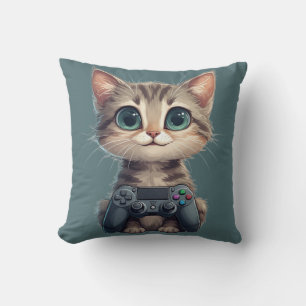 Coussin Chaton mignon tenant une manette de jeu Chat joueu