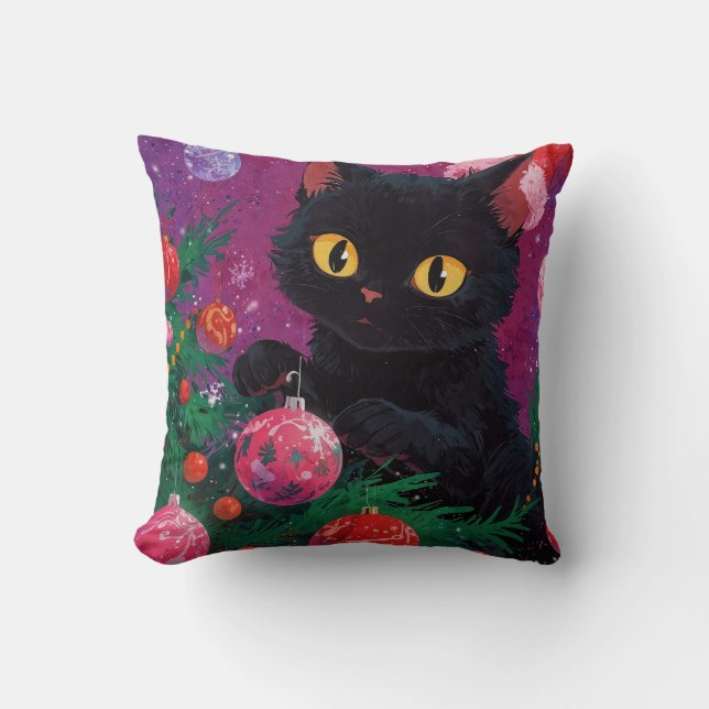 Coussin Chaton noir mignon et sapin de Noël (Recto)