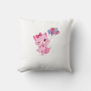 Coussin Chaton Rose Kawaii avec Ballons Colorés –