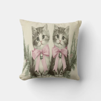Coussin Chatons de Noël Vintage avec des Nœuds Roses