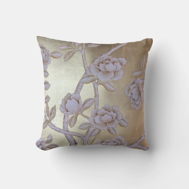 Coussin Chatoyante Chinoiserie d'or avec Roses florissants (Recto)