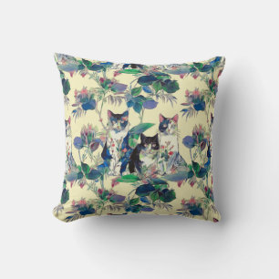 Coussin Chats à l'aquarelle dans un jardin