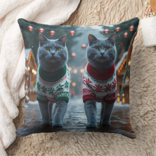 Coussin Chats Bleus Russes Noël Neige Fêtes 