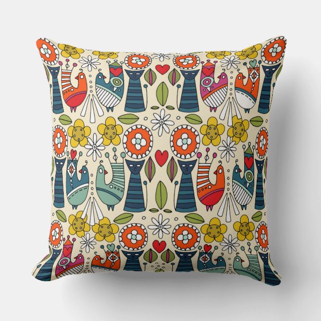 Coussin Chats folksy suédois et oiseaux (Recto)