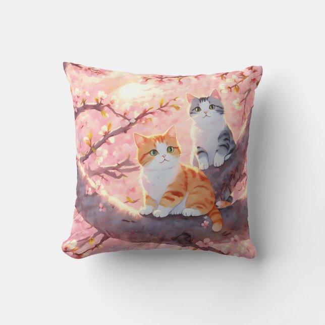 Coussin Chats Mignons Sur Un Arbre En Fleur De Cerise (Recto)