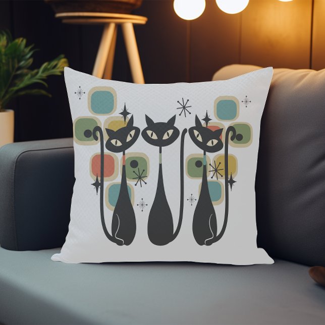 Coussin Chats noirs du milieu du siècle rétro (Retro Mid Century Black Atomic Cats Throw Pillow)